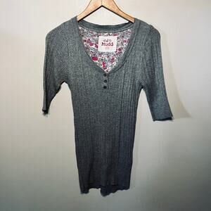Mudd Y2K Knit Top Gray Ribbed Henley Pullover Academia Short Sleeve Casual L